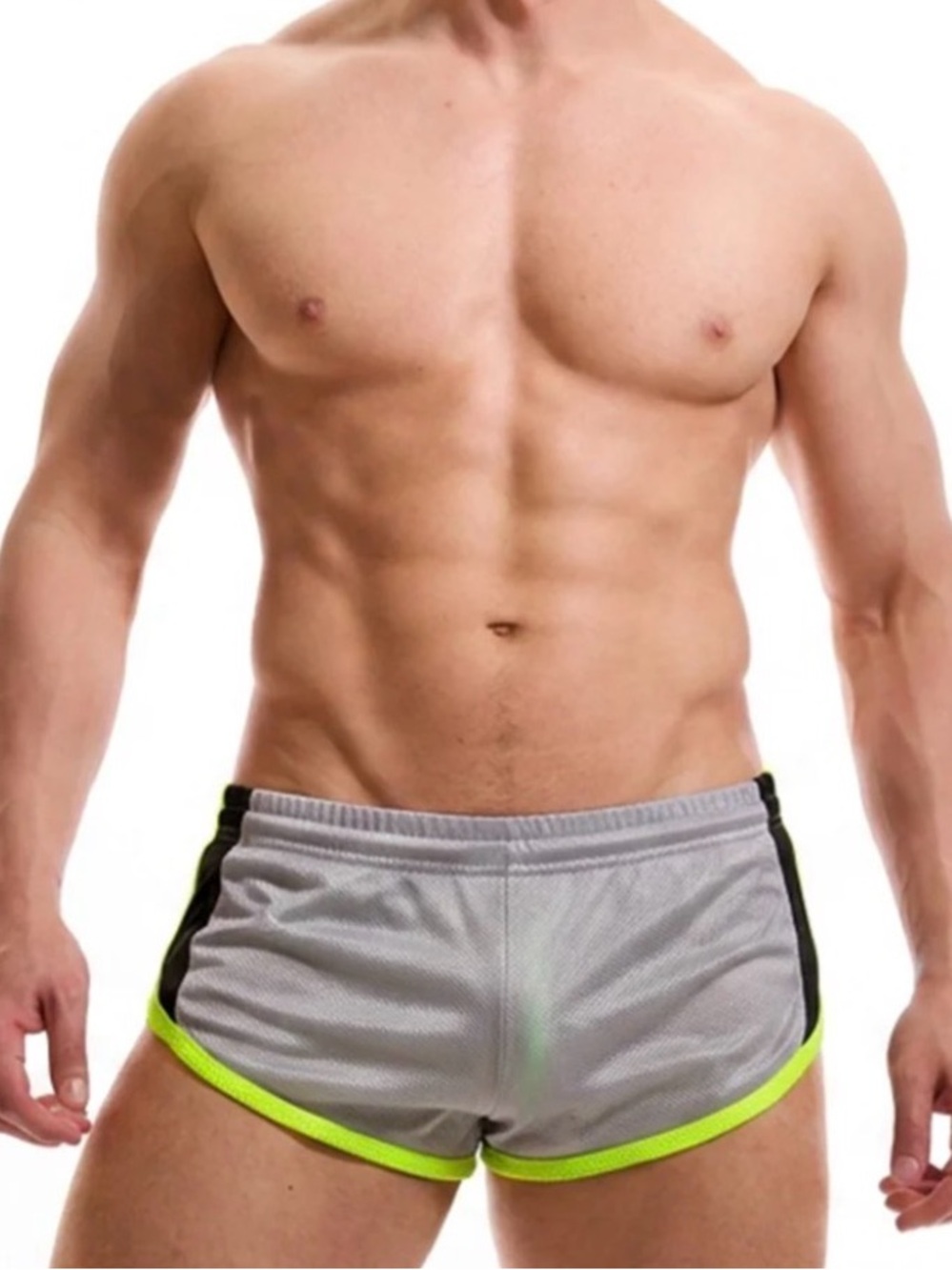 SEXY! N2N Bodywear Men’s Euro Sheer Split Shorts with Neon Trim MEDIUM